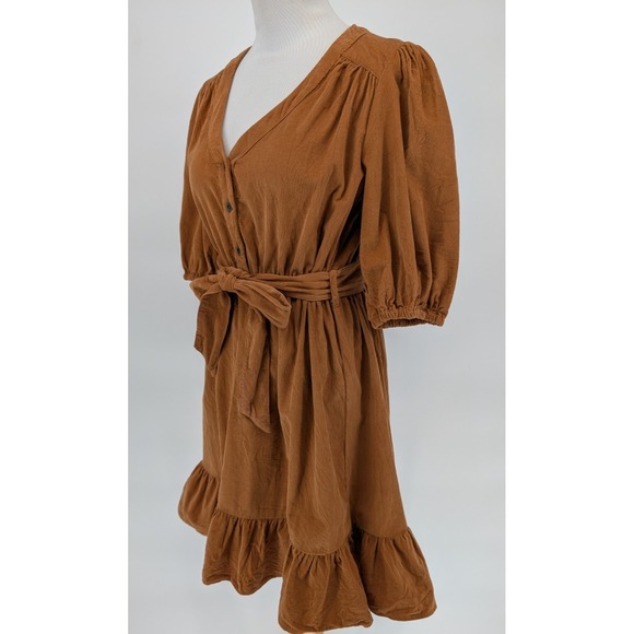 Lucky Brand Brown‎ Corduroy Ruffle Hem Mini Dress M Boho Cottage Indie Festival - Picture 6 of 14